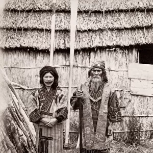 19th century vintage photograph: Japan - portrait of an Ainu Aino couple Hokkaido