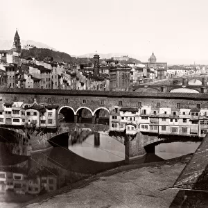 19th century vintage photograph Italy - Ponte Vecchio, River Arno, Florence