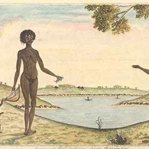 Aboriginal family group in a harbour landscape
