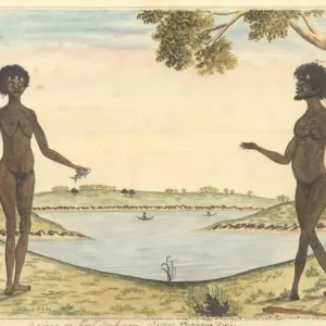 Aboriginal family group in a harbour landscape