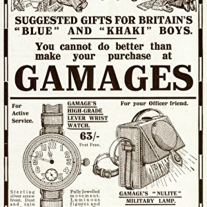 Advert for Gamages suggesting gifts for soldiers 1915