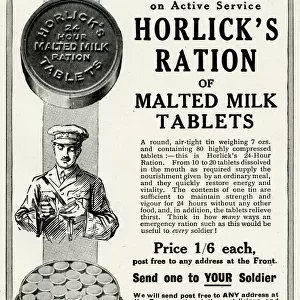 Advert for Horlicks ration of malted milk tablets 1916