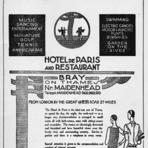 Advert for the Hotel de Paris and Restaurant at Bray, 1931