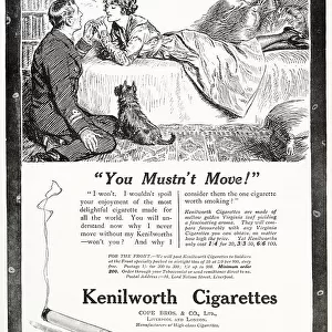Advertisement for Kenilworth cigarettes showing a two lovers sharing a light from a cigarette. Date: 1919