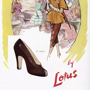 Advertisement for Lotus, open-toe heeled shoes. Date: 1950