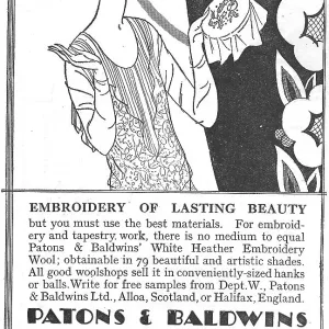 Advert for Patons and Baldwin's tapestry wools, with a lady admiring her work Date: 1920s Advert for Patons and Baldwin's tapestry wools, with a lady admiring her work Date: 1920s