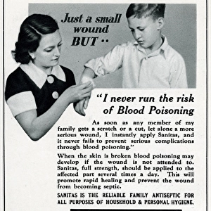Advert for Sanitas - family antiseptic for wounds 1937