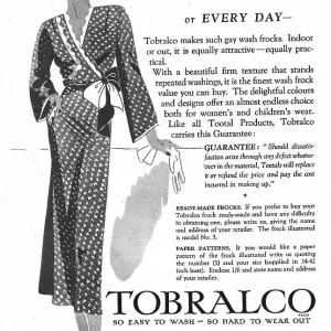 Advert for Tobralco artificial silk dress fabric Date: 1935 Advert for Tobralco artificial silk dress fabric Date: 1935