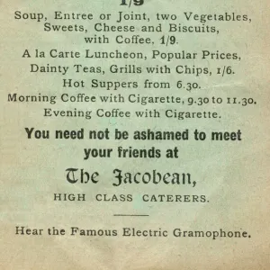 Advertisement for Ye Olde Jacobean cafe, Derby