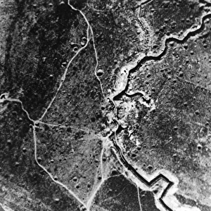 Aerial photograph of trenches and mine craters, WW1