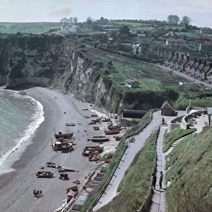 Aerial view of the beach and cliffs at Beer, East Devon