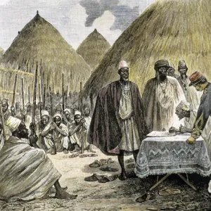 Africa. French colonialism. Signing a treaty with the chief