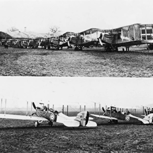 Airco DH4 biplanes on an airfield, WW1