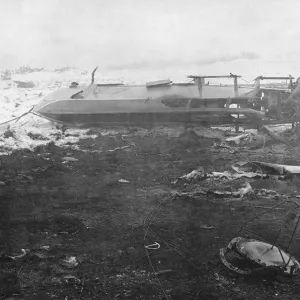 Airship Crash Site with Wreckage in a Field with Snow