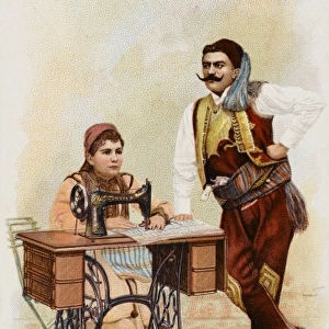 Albanians using a Singer Sewing Machine