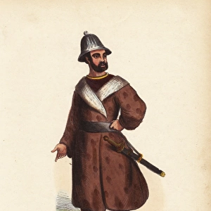 Aleutian man in helmet, long coat and boots
