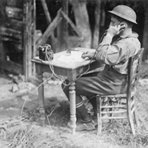 Allied soldier on field telephone, WW1