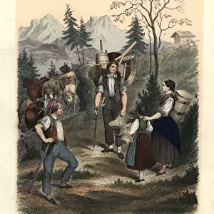 Alpine scene with itinerant barrel seller