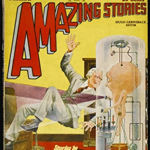 Amazing Stories scifi magazine cover, 35, 000 years from now