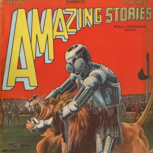 Amazing Stories scifi magazine cover, Robot and lion