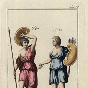 Two Amazon women warriors with lance, axe