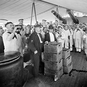American Navy sailors queuing for beer on the USS Massachuse