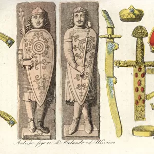 Ancient figures of Orlando and Oliver, crowns