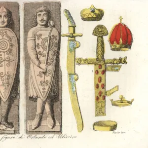 Ancient figures of Orlando and Oliver, crowns