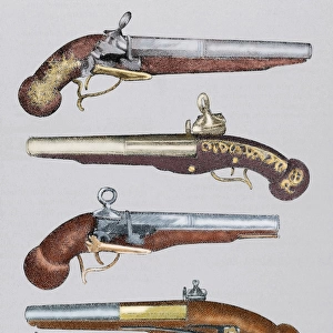 Ancient pistols. 18th century. Colored engraving