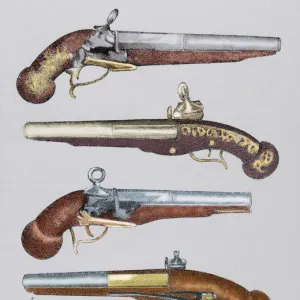 Ancient pistols. 18th century. Colored engraving