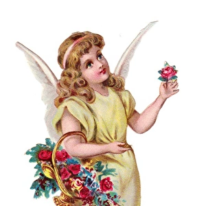 Angel with basket of flowers on a Victorian scrap