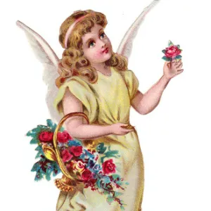 Angel with basket of flowers on a Victorian scrap