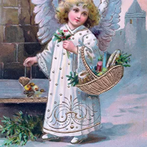 Angel with basket of gifts on a Christmas postcard