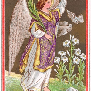 Angel with birds and flowers on a greetings card