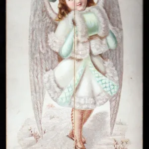 Angel with coat and hand muff on a German Christmas card