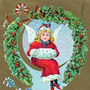 Angel with holly on a Christmas postcard