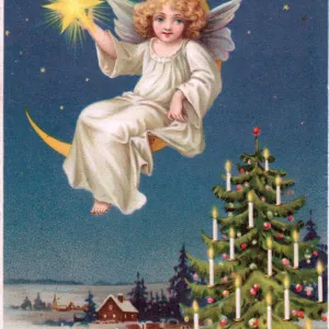 Angel with star on a Christmas postcard