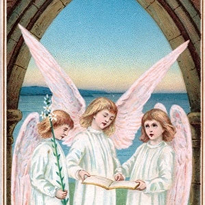 Three angels singing on a New Year card