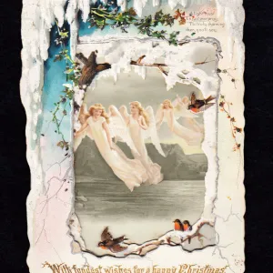 Angels, snow and robins on a Christmas card