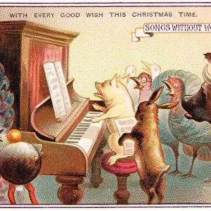 Animals and birds singing round a piano on a Christmas card