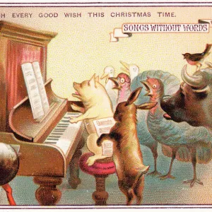 Animals and birds singing round a piano on a Christmas card