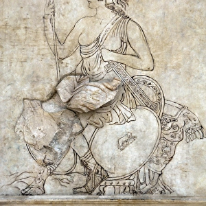 Ara Pacis Augustae. Goddess Roma, sitting on a pile of troph