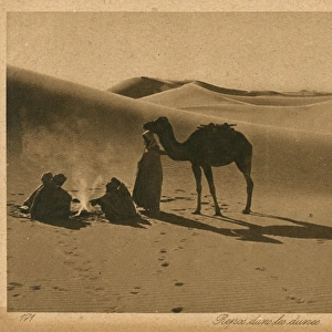 Arabs and camel resting in the sand dunes, Algeria