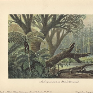 An archegosaurus by a river bank in a tropical