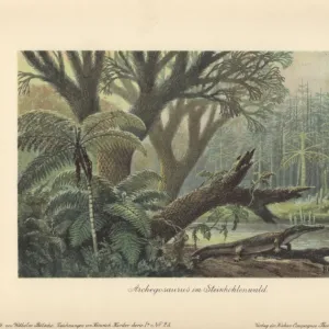 An archegosaurus by a river bank in a tropical