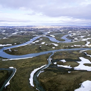 Arctic tundra in spring - an aerial view from a helicopter