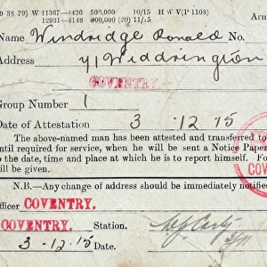 Army Attestation Card for Ronald Windridge