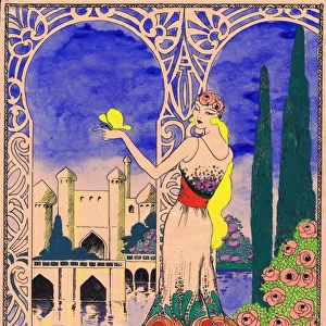 Art deco illustration for girl in Arabian setting, 1920s