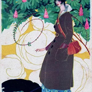 Art deco lady with handbag, long coat and high heels