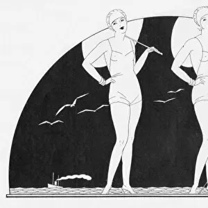 Art deco sketch of sunbathers at Deauville, 1927